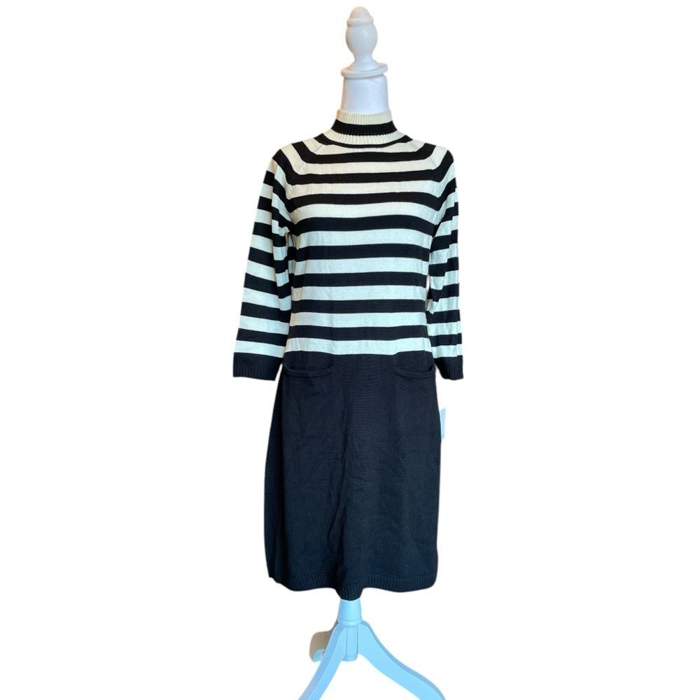Calvin Klein Sweater Dress Mock Neck Black White Stripes Womens Medium New